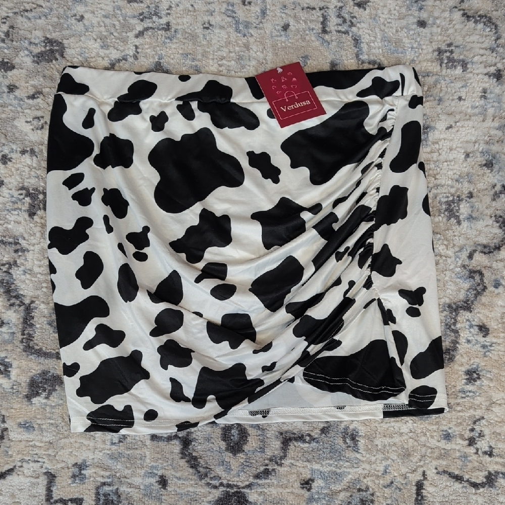 Verdusa Cow Print Ruched Mini Skirt XXL Black White Bodycon Y2K